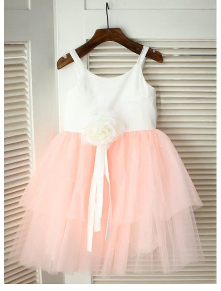 Princess Long Tulle Spaghetti Straps Flower Girl Dresses With Hand-made Flower