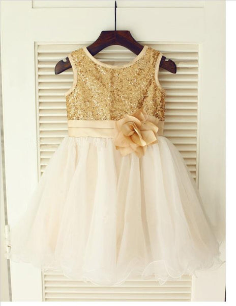 Princess Long Organza Sleeveless Flower Girl Dresses With Sequin