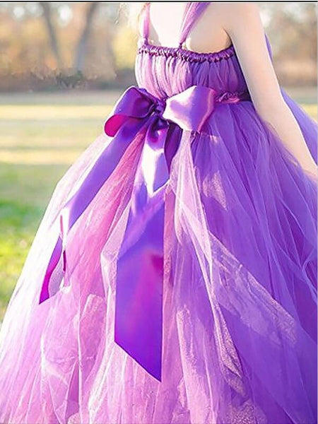 Tulle Straps Sleeveless Flower Girl Dresses Floor Length Ball Gown With  Bowknot