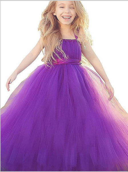 Tulle Straps Sleeveless Flower Girl Dresses Floor Length Ball Gown With  Bowknot