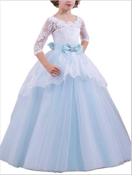 Lace Tulle 1/2 Sleeves Flower Girl Dresses Floor Length Ball Gown