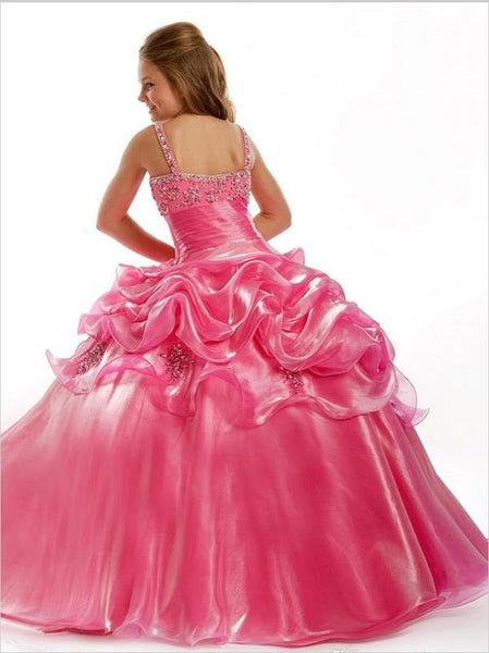 Long Taffeta Straps Sleeveless Flower Girl Dresses Ball Gown With Beading