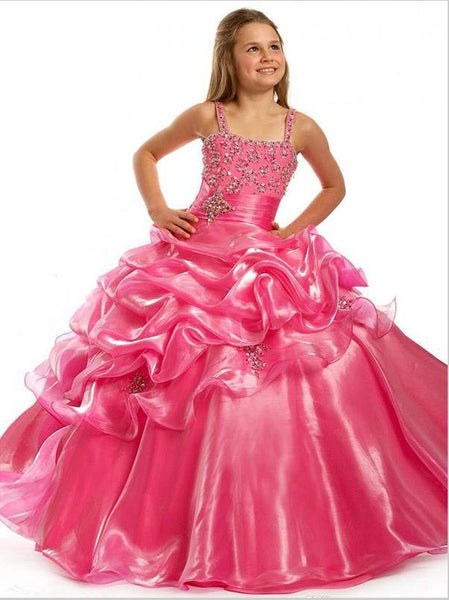 Long Taffeta Straps Sleeveless Flower Girl Dresses Ball Gown With Beading