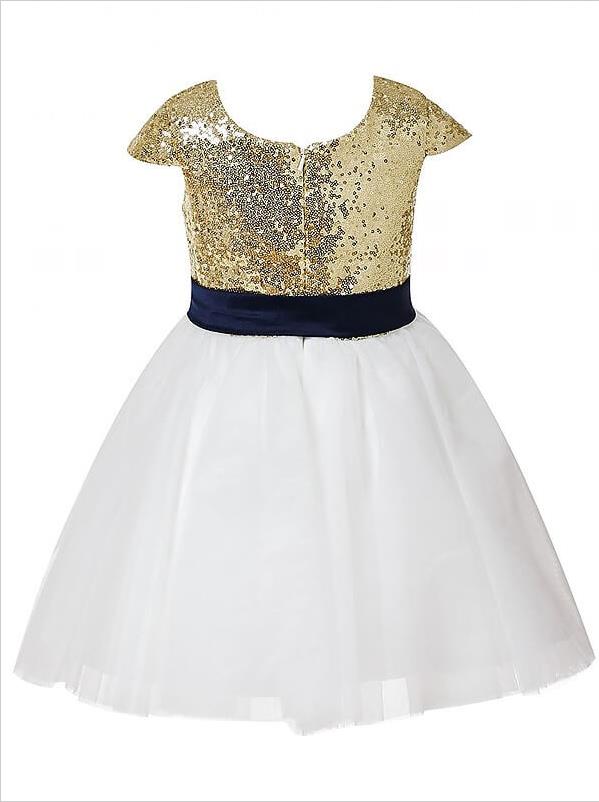 Tulle Short Sleeves Short Flower Girl Dresses With Jewel Sequins Bowknot