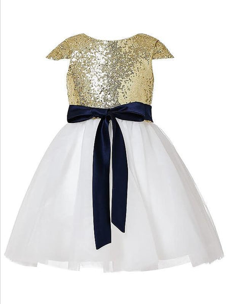 Tulle Short Sleeves Short Flower Girl Dresses With Jewel Sequins Bowknot