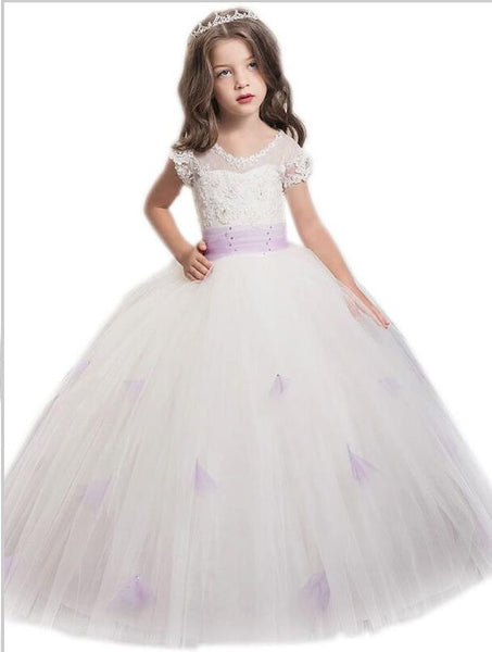 Tulle Jewel Short Sleeves Flower Girl Dresses Floor Length Sash/Ribbon/Belt Ball Gown