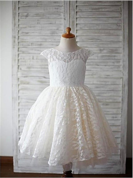 Princess Lace Scoop Short Sleeves Flower Girl Dresses Floor Length Dress