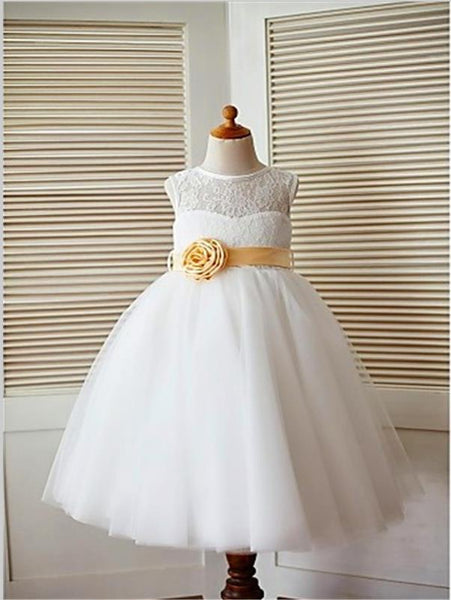 Princess Lace Tulle Scoop Sleeveless Flower Girl Dresses Tea Length Dress