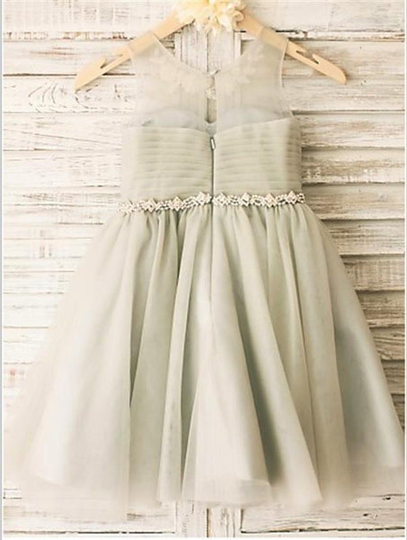 Princess Tulle Scoop Sleeveless Flower Girl Dresses Tea Length Beading Dress