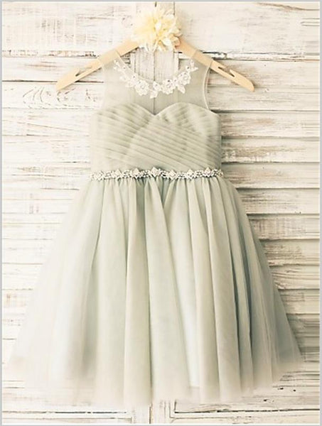 Princess Tulle Scoop Sleeveless Flower Girl Dresses Tea Length Beading Dress