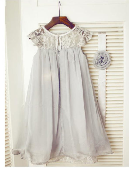 Princess Chiffon Lace Scoop Sleeveless Long Flower Girl Dresses With Hand-Made Flower