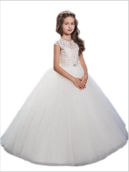 Tulle Scoop Sleeveless Flower Girl Dresses Floor Length Ball Gown With Beading