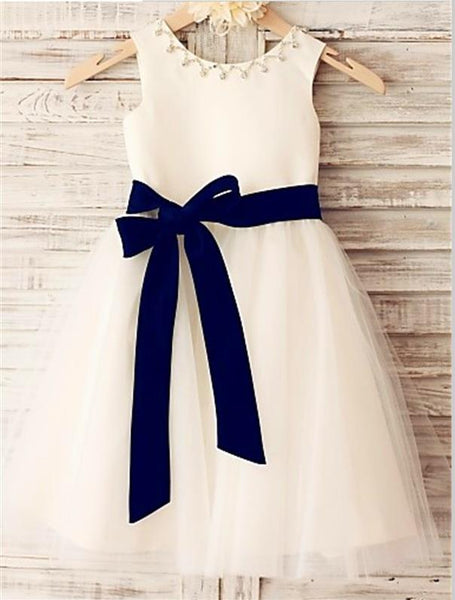 Tulle Princess Scoop Sleeveless Flower Girl Dresses Tea Length With Bowknot