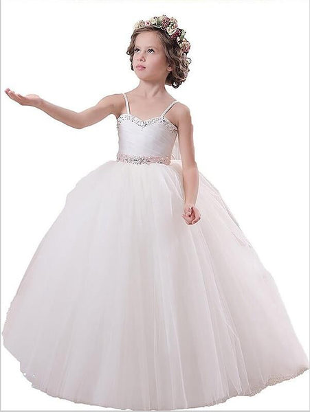 Tulle Sleeveless Spaghetti Straps Flower Girl Dresses Floor Length Ball Gown