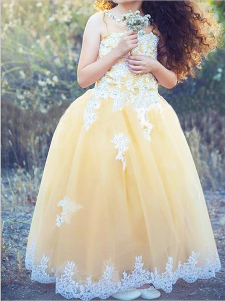 Tulle Jewel Sleeveless Flower Girl Dresses Floor Length Ball Gown With Applique