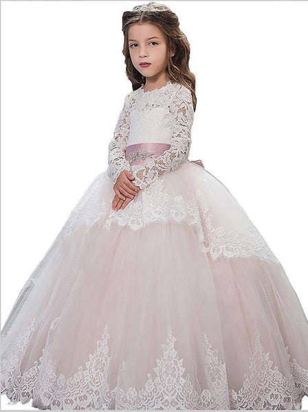 Lace Tulle Long Sleeves Jewel Flower Girl Dresses Floor Length Ball Gown