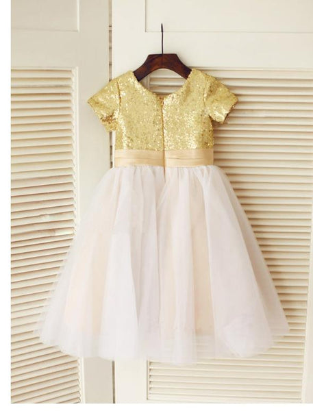 Tulle Short Sleeves Sequin Long Flower Girl Dresses With Hand-Made Flower