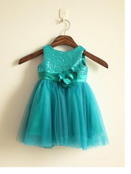 Tulle Sequin Sleeveless Long Flower Girl Dresses With Hand-Made Flower