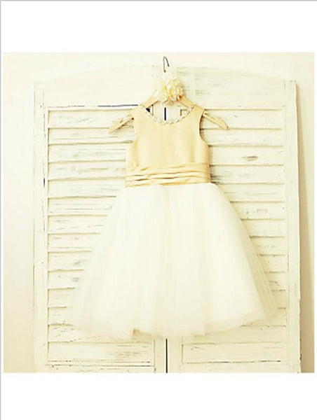 Tulle Princess Tea Length Scoop Sleeveless Flower Girl Dresses With Bowknot