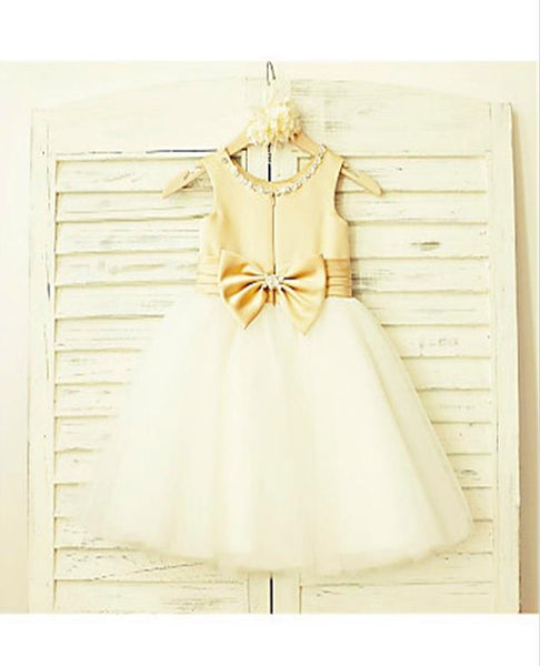 Tulle Princess Tea Length Scoop Sleeveless Flower Girl Dresses With Bowknot