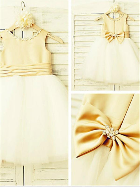 Tulle Princess Tea Length Scoop Sleeveless Flower Girl Dresses With Bowknot