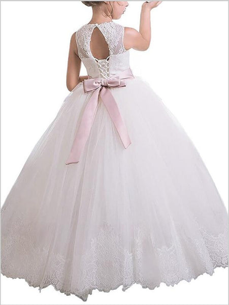 Tulle Scoop Sleeveless Flower Girl Dresses Floor Length Sash/Ribbon/Belt Ball Gown