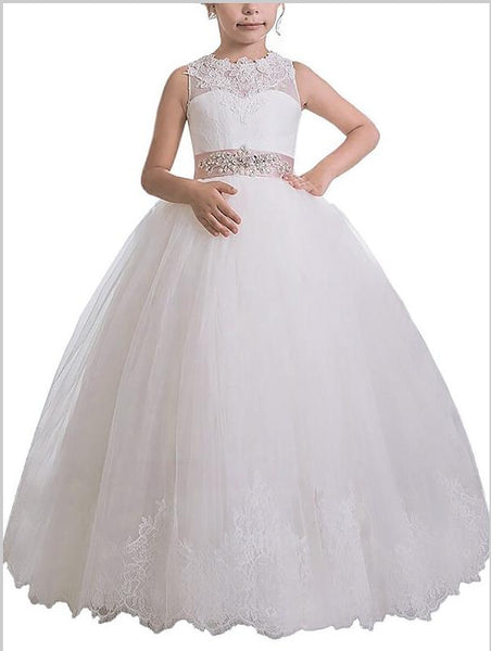 Tulle Scoop Sleeveless Flower Girl Dresses Floor Length Sash/Ribbon/Belt Ball Gown