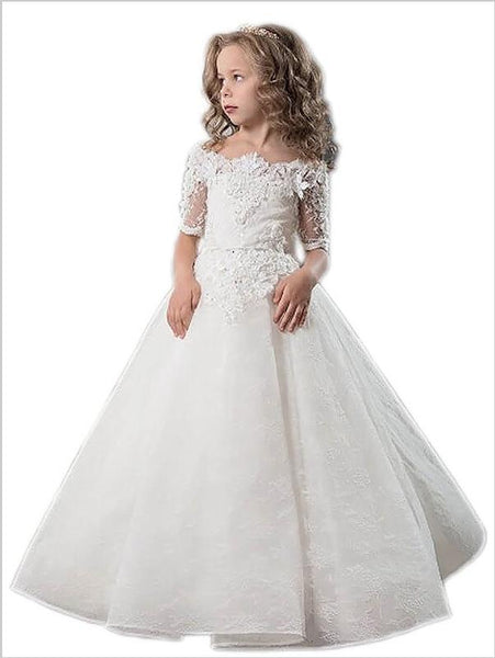 Applique Satin Short Sleeves Off Shoulder Flower Girl Dresses Floor Length Ball Gown