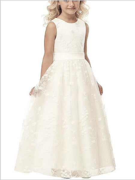 Applique Tulle Scoop Sleeveless Flower Girl Dresses Floor Length