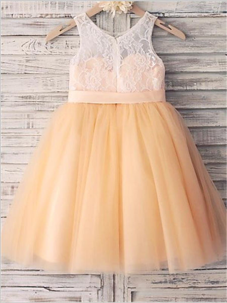 Tulle Sleeveless Scoop Flower Girl Dresses Floor Length Sash/Ribbon/Belt Dress