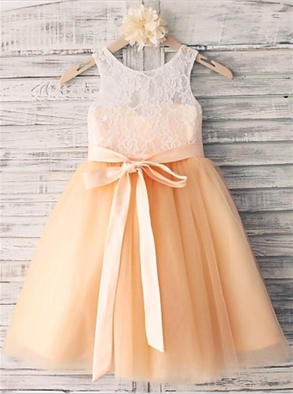 Tulle Sleeveless Scoop Flower Girl Dresses Floor Length Sash/Ribbon/Belt Dress
