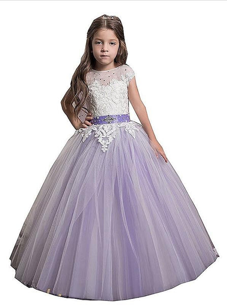 Tulle Jewel Sleeveless Applique Flower Girl Dresses Floor Length Ball Gown