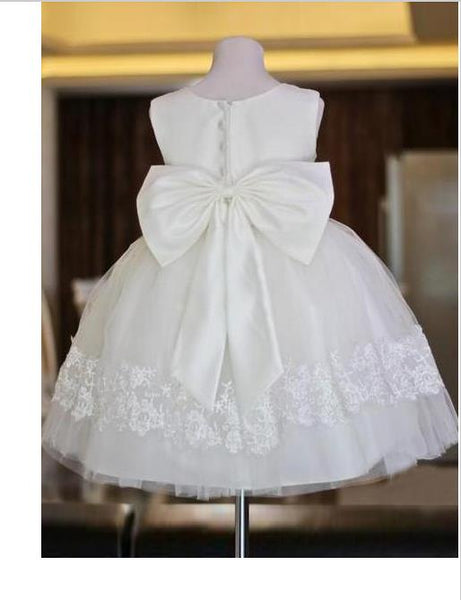 Lace Organza Scoop Sleeveless Long Flower Girl Dresses With Bowknot
