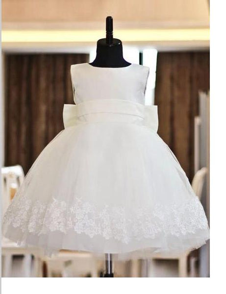 Lace Organza Scoop Sleeveless Long Flower Girl Dresses With Bowknot