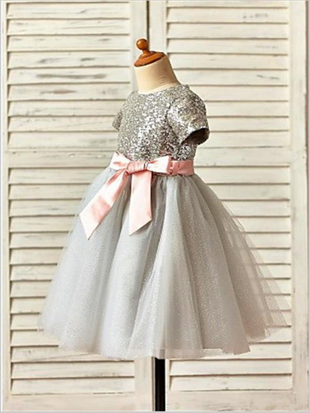 Tulle Short Sleeves Sequin Flower Girl Dresses Tea Length Ball Gown With Bowknot