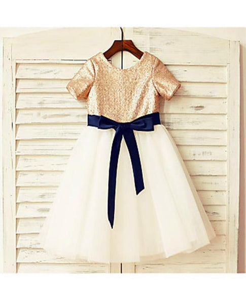 Tulle Short Sleeves Sequin Flower Girl Dresses Tea Length Ball Gown With Bowknot