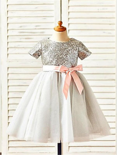 Tulle Short Sleeves Sequin Flower Girl Dresses Tea Length Ball Gown With Bowknot