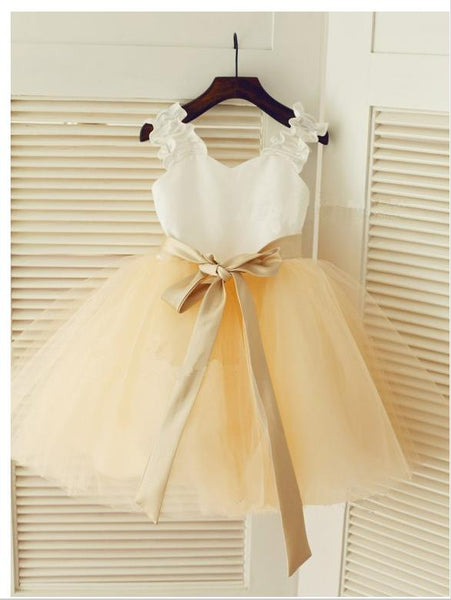 Tulle Straps Sleeveless Long Flower Girl Dresses With Sash Ribbon Belt Ball Gown