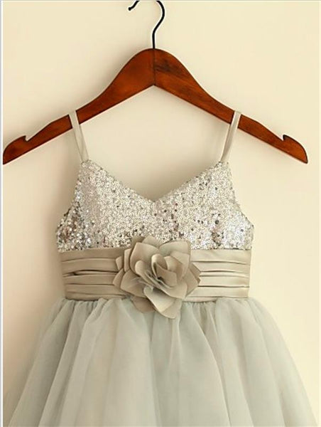 Tulle Spaghetti Straps Sequin Flower Girl Dresses Tea Length Dress