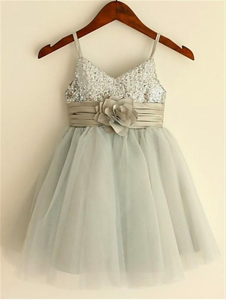 Tulle Spaghetti Straps Sequin Flower Girl Dresses Tea Length Dress