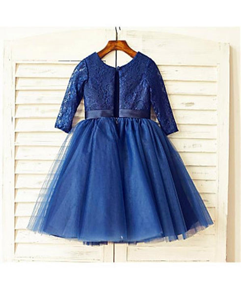 Lace Tulle Princess Scoop Long Sleeves Flower Girl Dresses Tea Length Dress