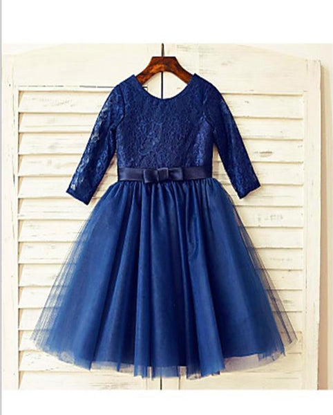 Lace Tulle Princess Scoop Long Sleeves Flower Girl Dresses Tea Length Dress