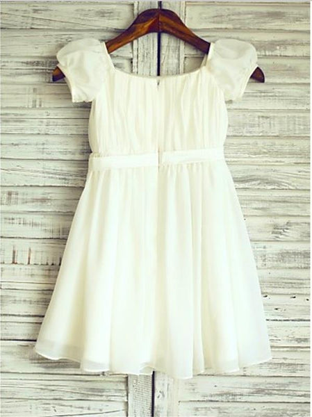 Chiffon Square Short Sleeves Ruched Flower Girl Dresses Tea Length Dress