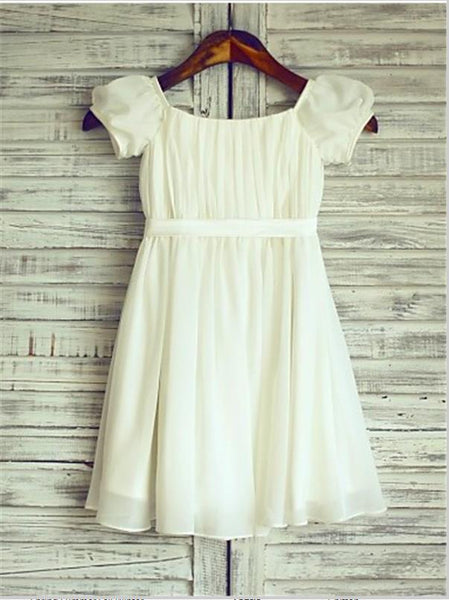 Chiffon Square Short Sleeves Ruched Flower Girl Dresses Tea Length Dress