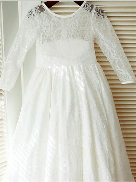 Lace Princess Scoop Long Sleeves Flower Girl Dresses Floor Length With Bowknot