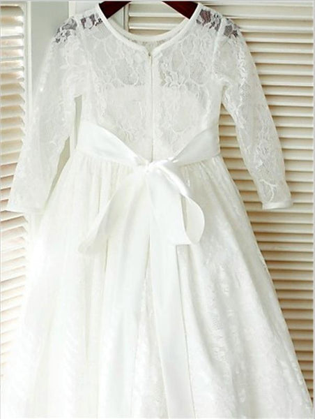 Lace Princess Scoop Long Sleeves Flower Girl Dresses Floor Length With Bowknot