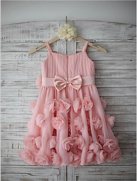 Chiffon Spaghetti Straps Sleeveless Flower Girl Dresses Floor Length Dress With Hand-made Flower