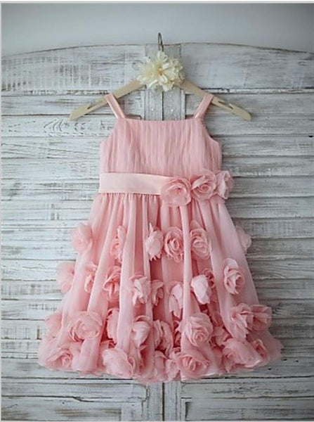 Chiffon Spaghetti Straps Sleeveless Flower Girl Dresses Floor Length Dress With Hand-made Flower