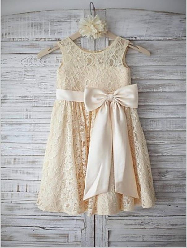 Lace Princess Sleeveless Scoop Flower Girl Dresses Floor Length Dress With Bowknot