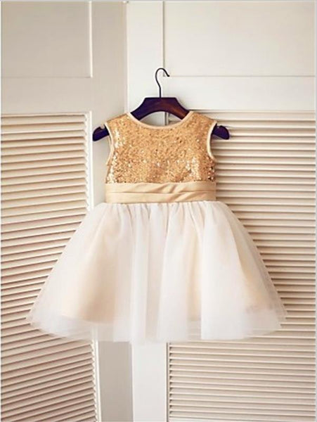 Tulle Princess Sequin Sleeveless Flower Girl Dresses Tea Length Dress